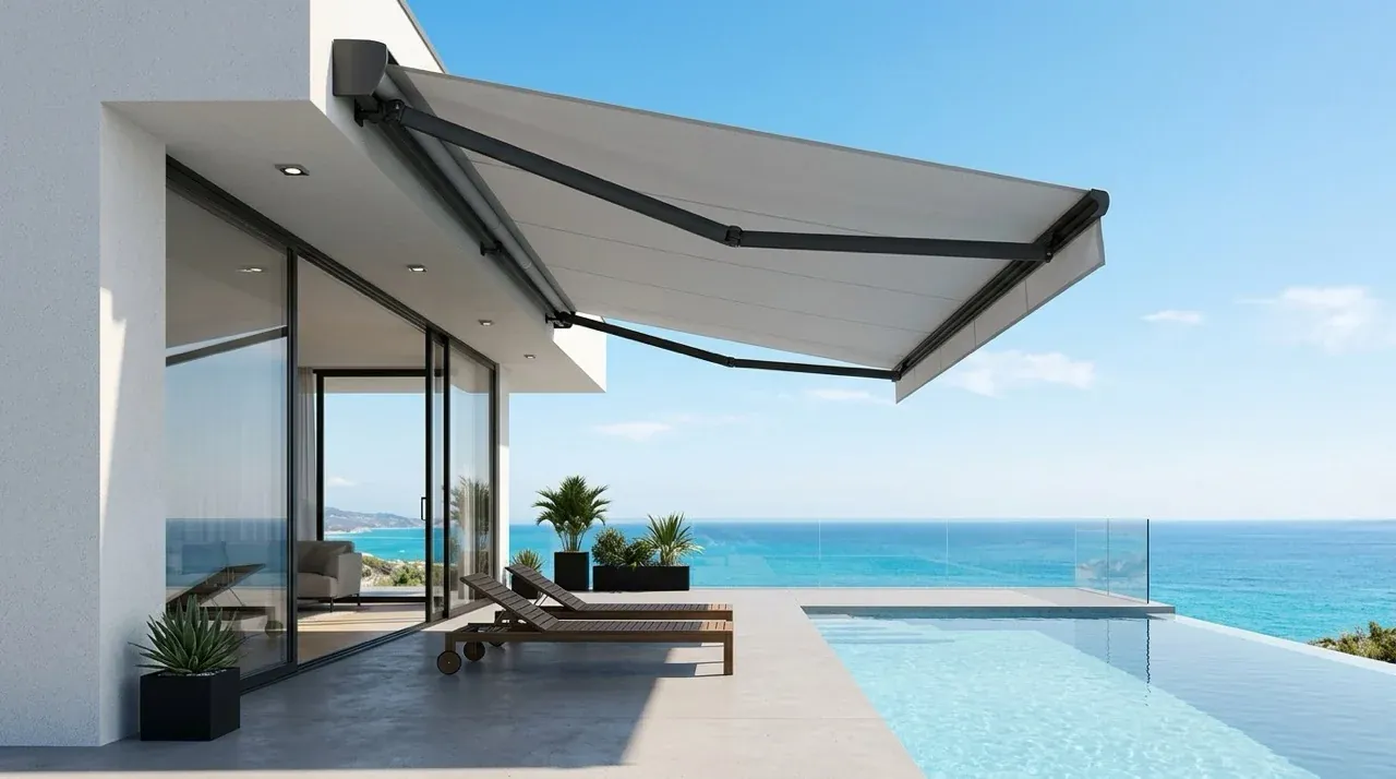 Toldo articulado sobre terraço com vista para o mar